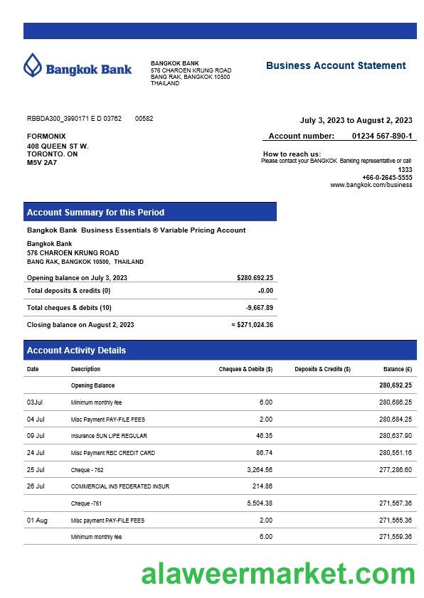 Bangkok Bank corporate checking account statement Word and PDF template